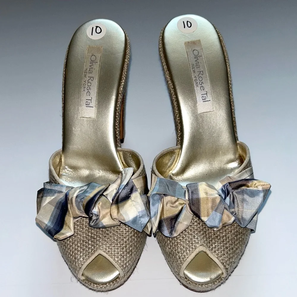 Olivia Rose Tal Peep‎ Toe Mule Pumps Block Heel Plaid Bow